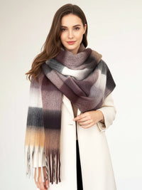 COFFEE MOCHA CHECKED WOOL RAINBOW BLANKET SCARF OVERSIZED WINTER SHAWL WRAP