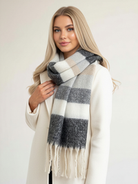 BLACK STRIPED WOOL BLANKET SCARF OVERSIZED WINTER SHAWL WRAP