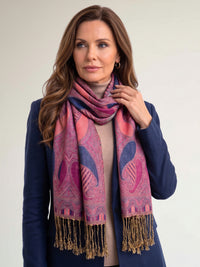 LARGE FUCHSIA PINK GINGHAM PAISLEY PRINT REVERSIBLE PASHMINA SHAWL SCARF - A-SHU.CO.UK
