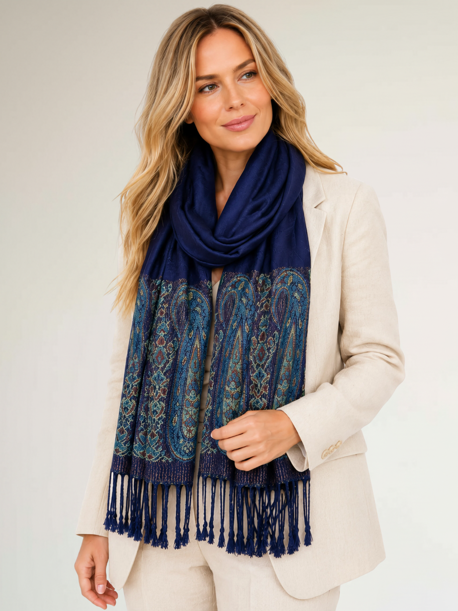 PAISLEY PRINT NAVY BLUE LIGHTWEIGHT PASHMINA SHAWL SCARF - A-SHU.CO.UK