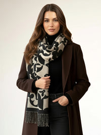 LARGE BLACK ABSTRACT FLORAL PRINT REVERSIBLE WINTER SHAWL BLANKET SCARF