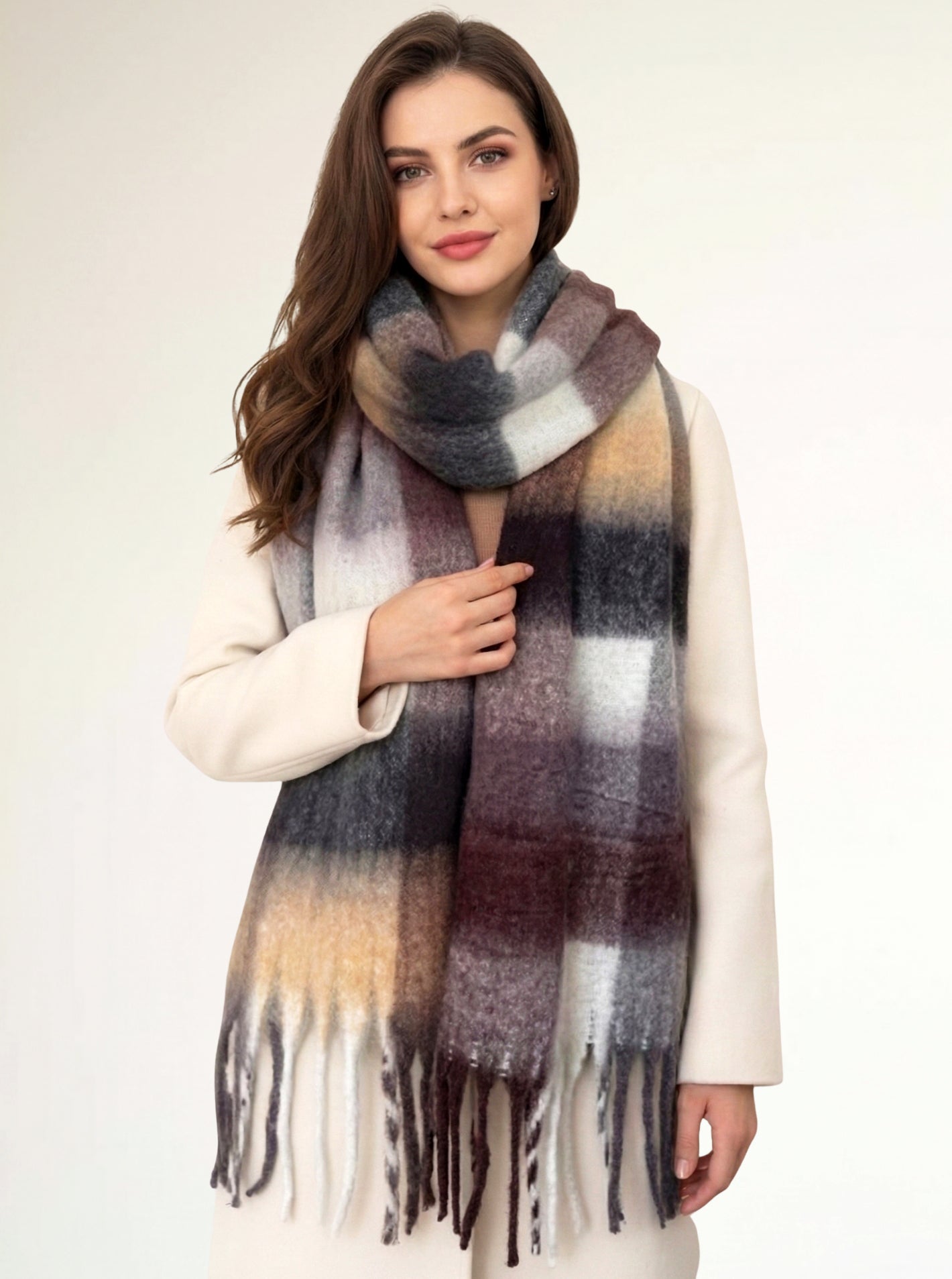 COFFEE MOCHA CHECKED WOOL RAINBOW BLANKET SCARF OVERSIZED WINTER SHAWL WRAP