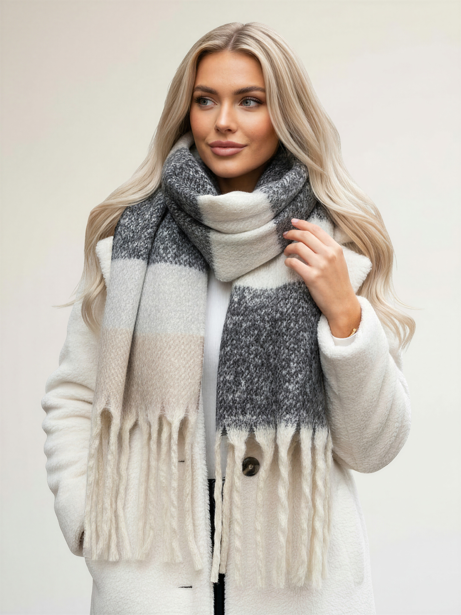 BLACK STRIPED WOOL BLANKET SCARF OVERSIZED WINTER SHAWL WRAP