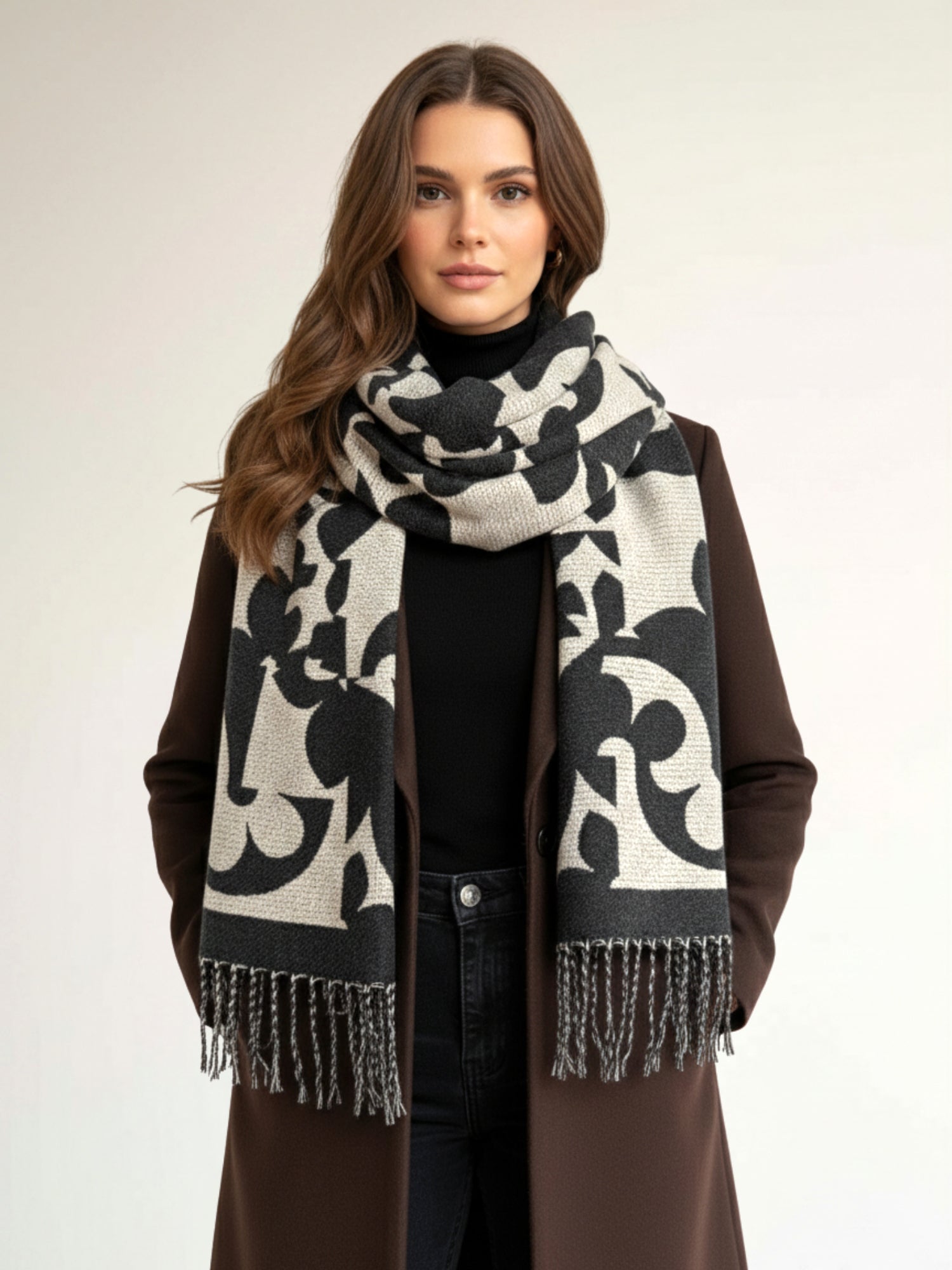 LARGE BLACK ABSTRACT FLORAL PRINT REVERSIBLE WINTER SHAWL BLANKET SCARF