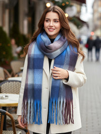 BLUE PURPLE CHECKED WOOL RAINBOW BLANKET SCARF OVERSIZED WINTER SHAWL WRAP