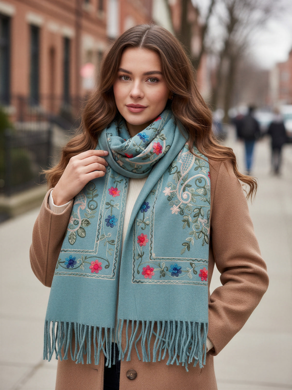 LARGE PASTEL GREEN FLORAL CASHMERE COTTON BLEND WINTER SHAWL BLANKET SCARF