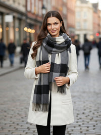 LONG BLACK CRINKLE COLOUR-BLOCK STRETCHY CHECK SCARF