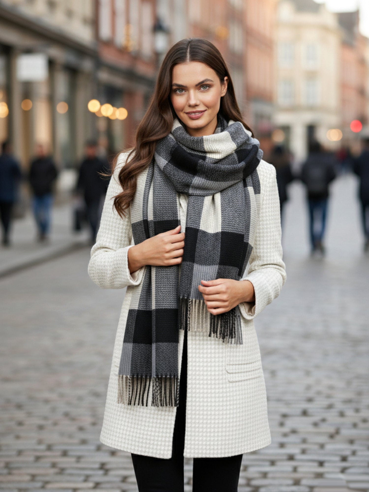 LONG BLACK CRINKLE COLOUR-BLOCK STRETCHY CHECK SCARF