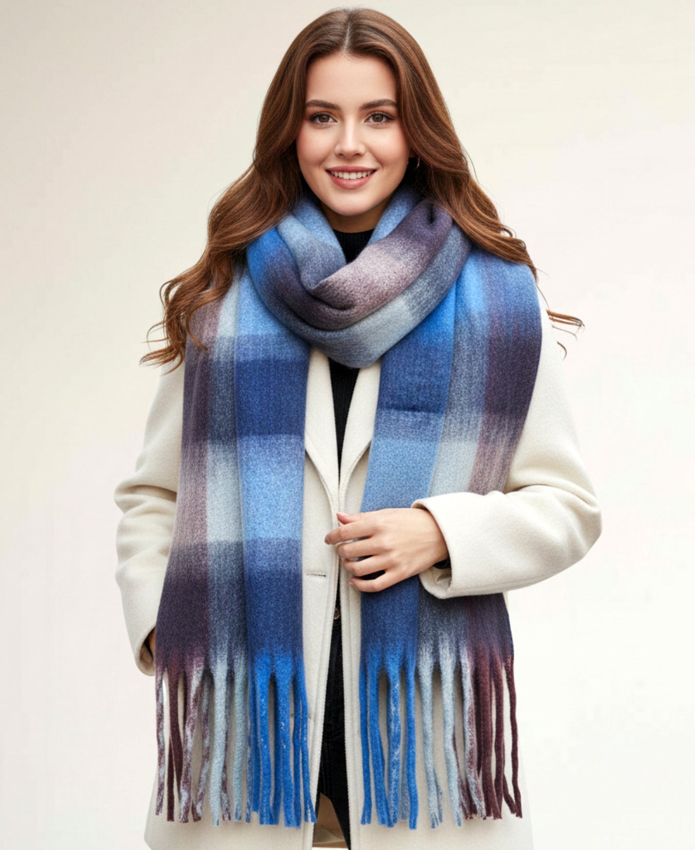 BLUE PURPLE CHECKED WOOL RAINBOW BLANKET SCARF OVERSIZED WINTER SHAWL WRAP