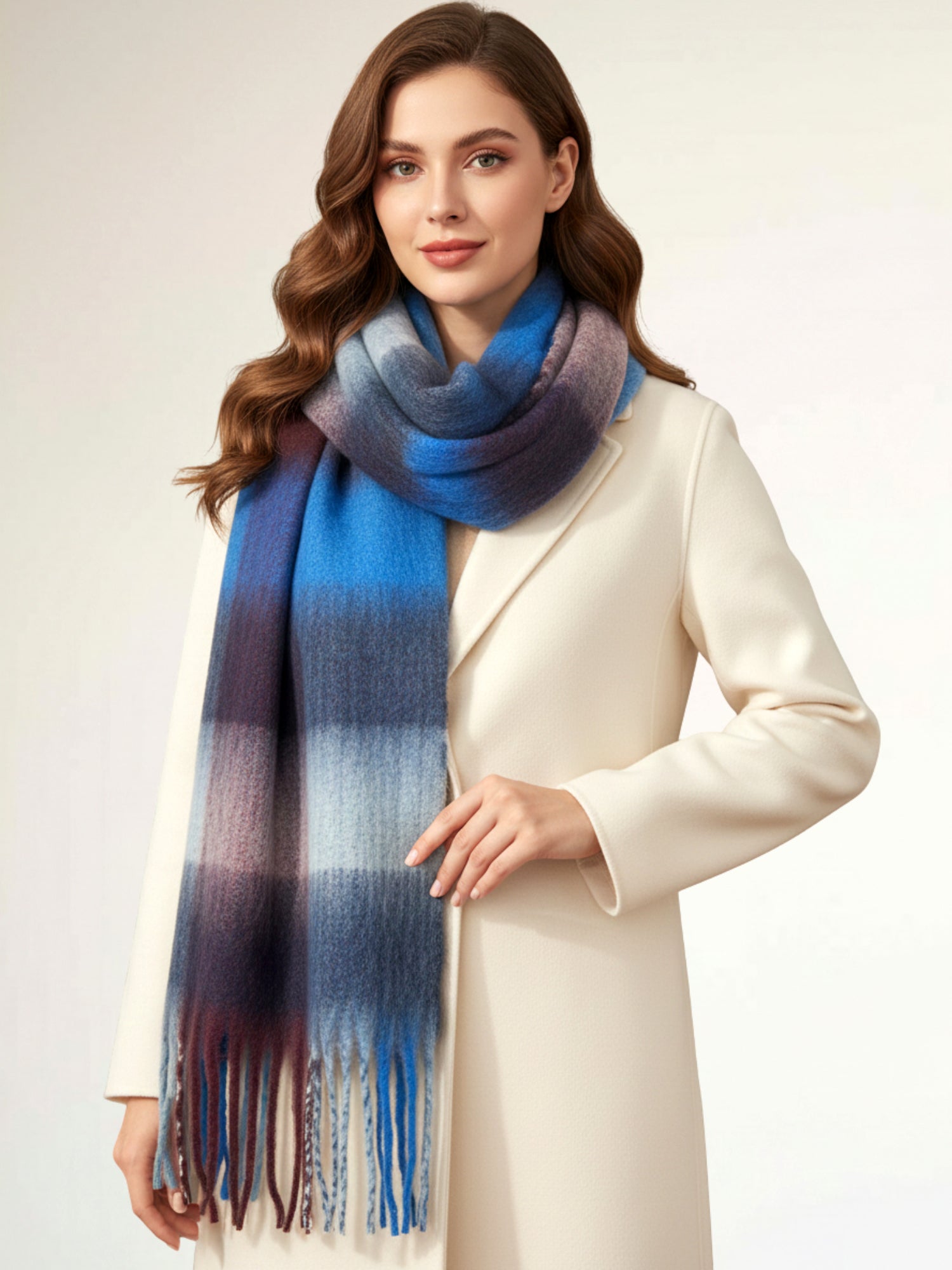 BLUE PURPLE CHECKED WOOL RAINBOW BLANKET SCARF OVERSIZED WINTER SHAWL WRAP