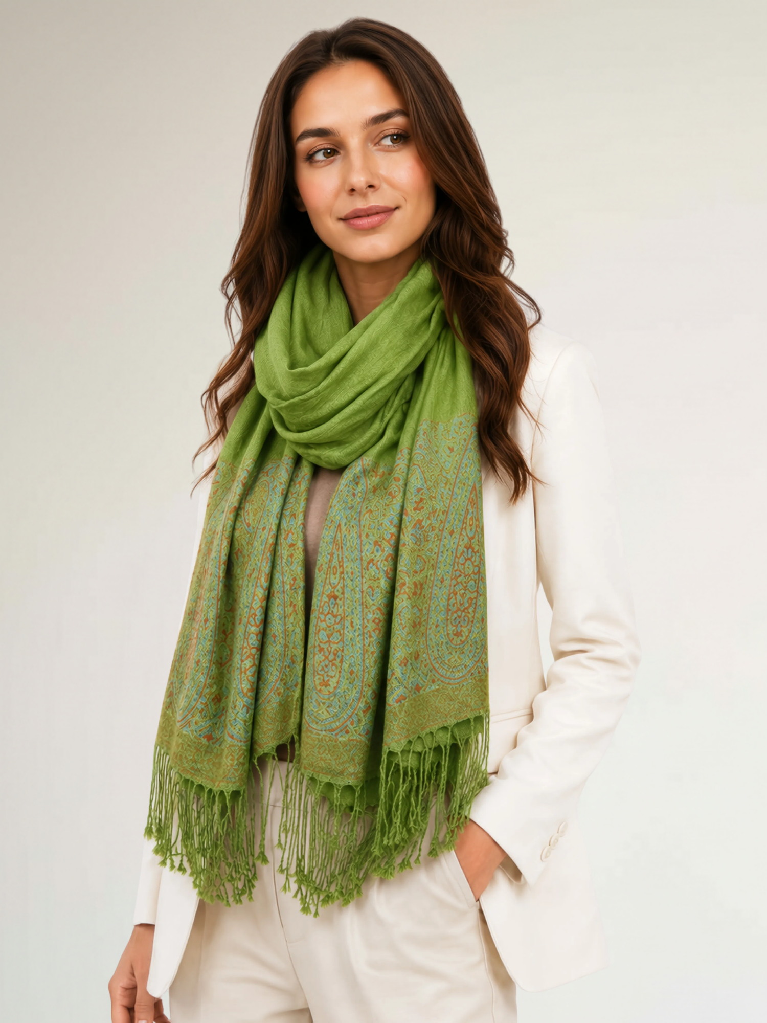PAISLEY PRINT GREEN LIGHTWEIGHT PASHMINA SHAWL SCARF - A-SHU.CO.UK
