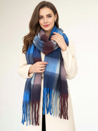 BLUE PURPLE CHECKED WOOL RAINBOW BLANKET SCARF OVERSIZED WINTER SHAWL WRAP