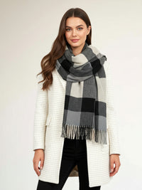 LONG BLACK CRINKLE COLOUR-BLOCK STRETCHY CHECK SCARF