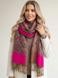 LARGE PLAIN FUCHSIA PINK REVERSIBLE MULTI COLOUR PAISLEY PRINT PASHMINA SHAWL SCARF WRAP - A-SHU.CO.UK