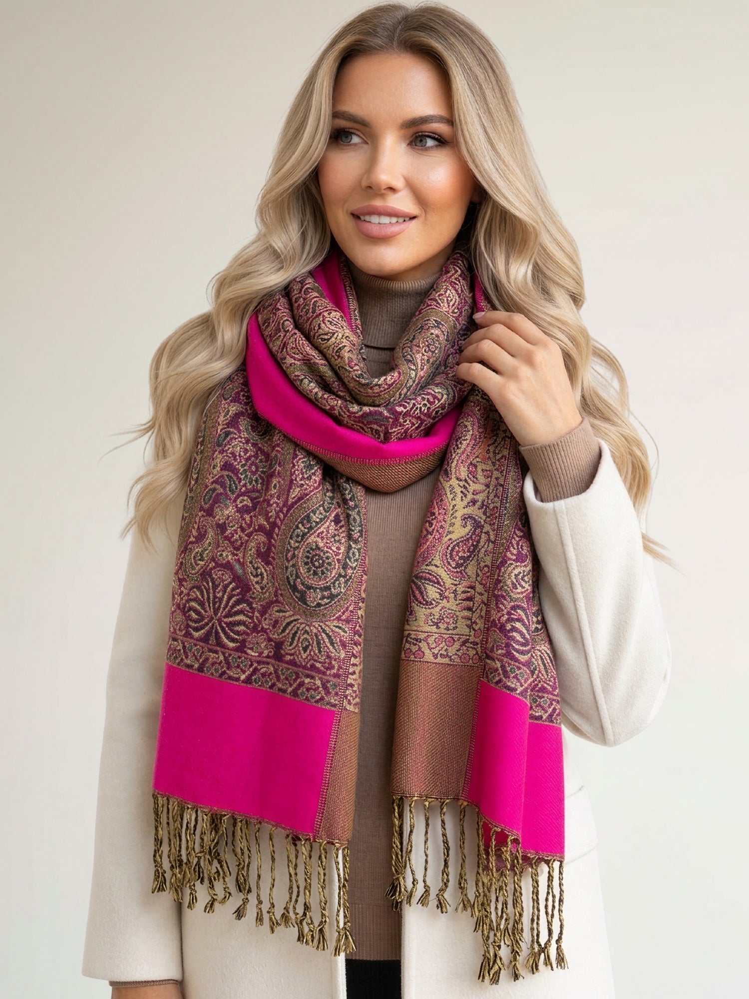 LARGE PLAIN FUCHSIA PINK REVERSIBLE MULTI COLOUR PAISLEY PRINT PASHMINA SHAWL SCARF WRAP - A-SHU.CO.UK