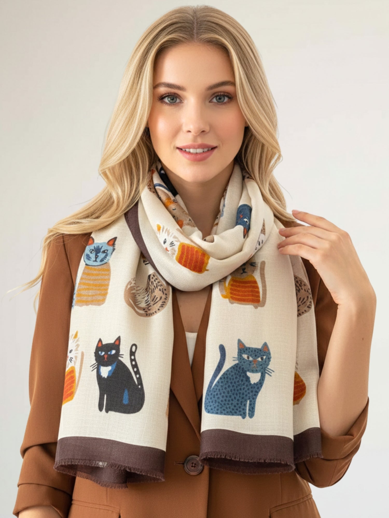 BEIGE COTTON BLEND CAT PRINT LIGHTWEIGHT SCARF