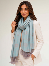 LARGE PASTEL BLUE FLORAL DAISY PRINT GEOMETRIC REVERSIBLE PASHMINA SHAWL SCARF - A-SHU.CO.UK