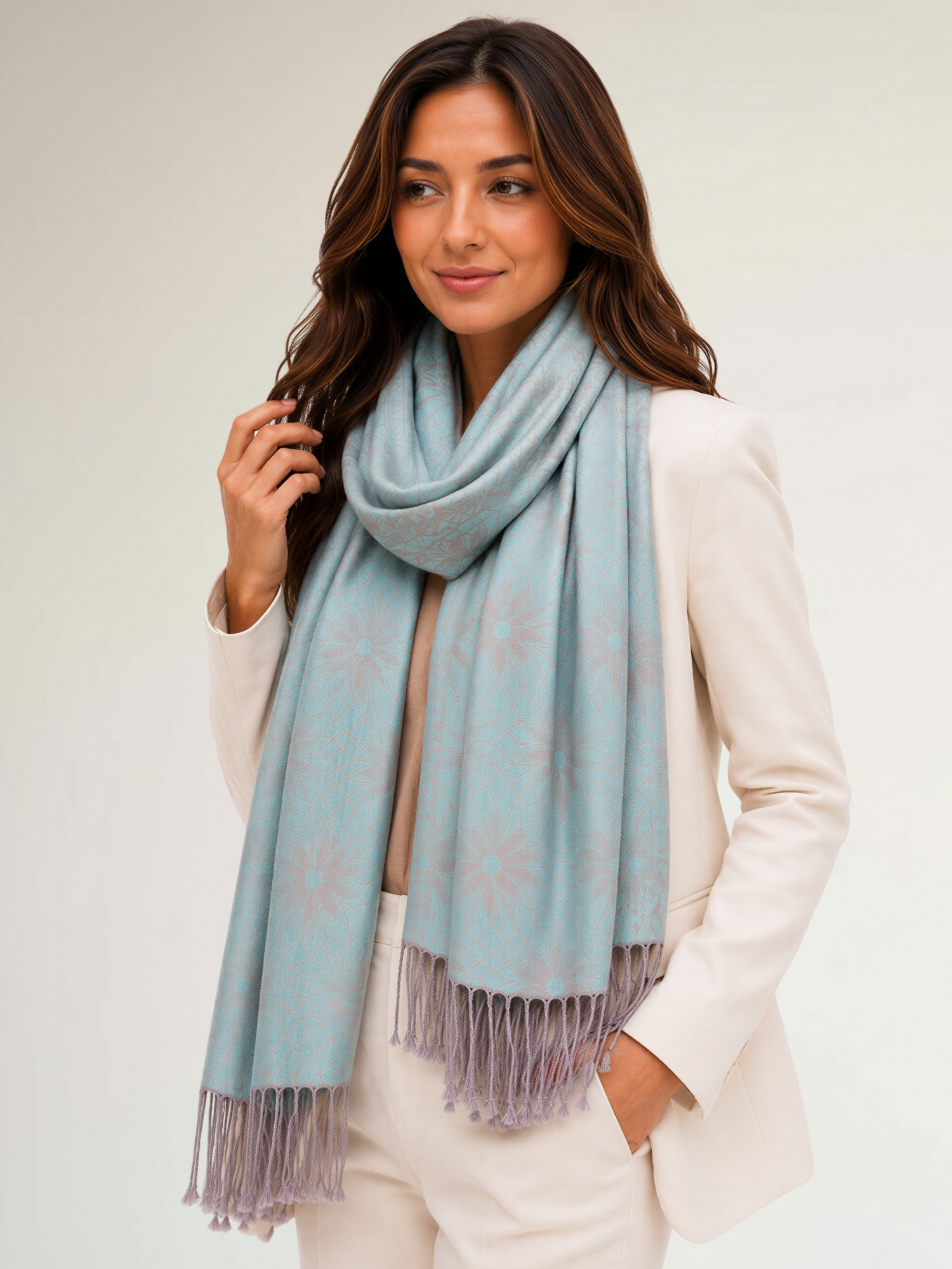 LARGE PASTEL BLUE FLORAL DAISY PRINT GEOMETRIC REVERSIBLE PASHMINA SHAWL SCARF - A-SHU.CO.UK