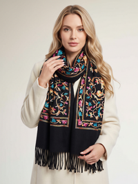 LARGE BLACK FLOWER PRINT CASHMERE COTTON BLEND WINTER SHAWL BLANKET SCARF