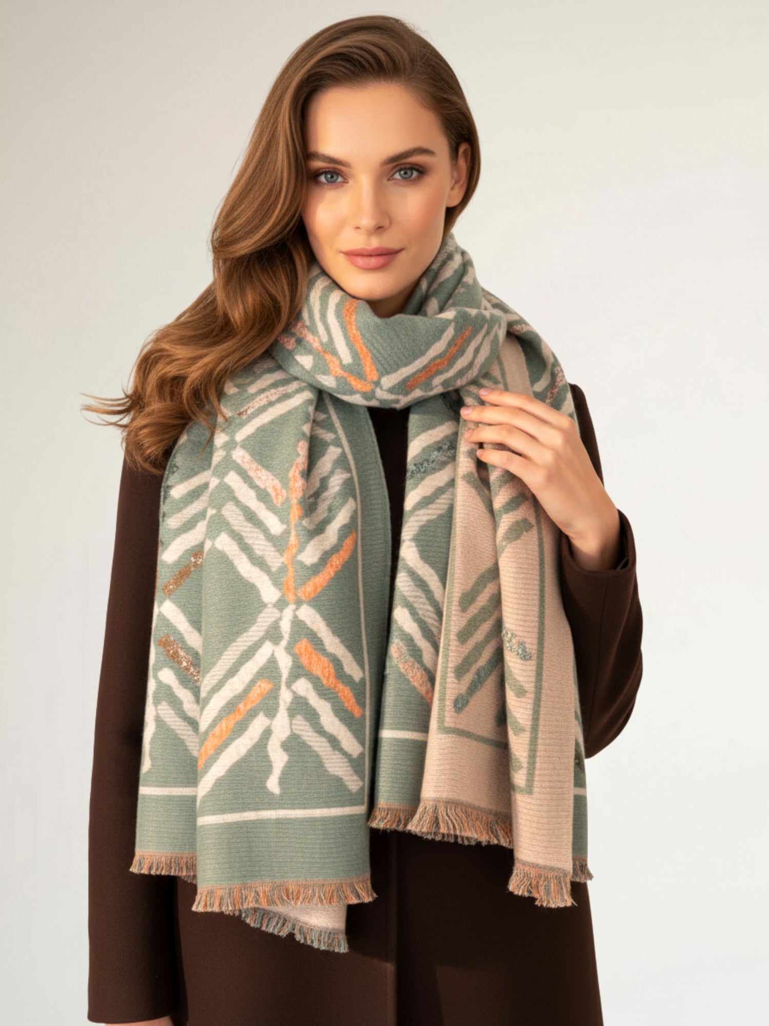 LARGE GREEN RETRO PRINT REVERSIBLE WOOL WINTER SHAWL BLANKET SCARF