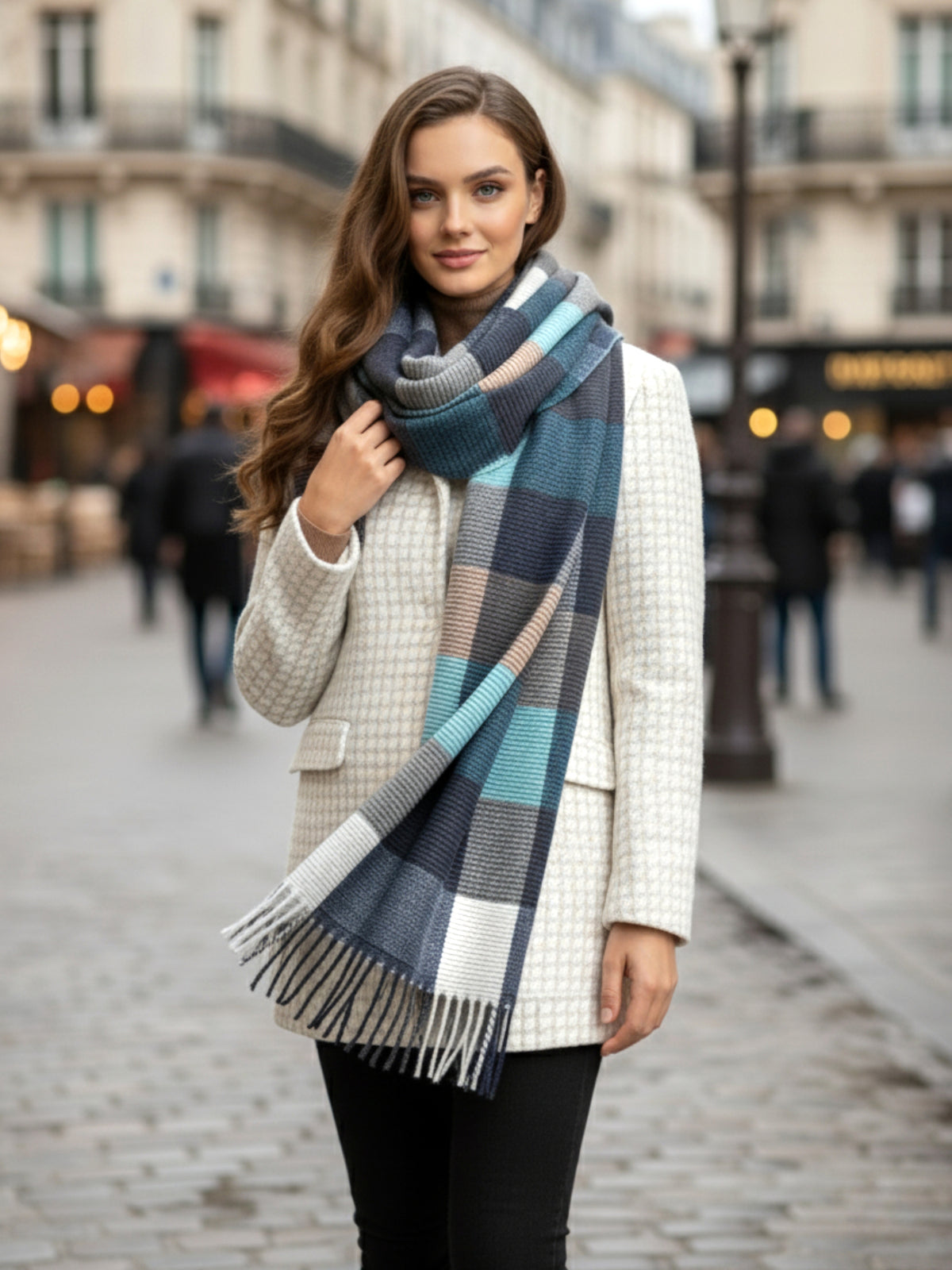 LONG BLUE CRINKLE COLOUR-BLOCK STRETCHY CHECK SCARF
