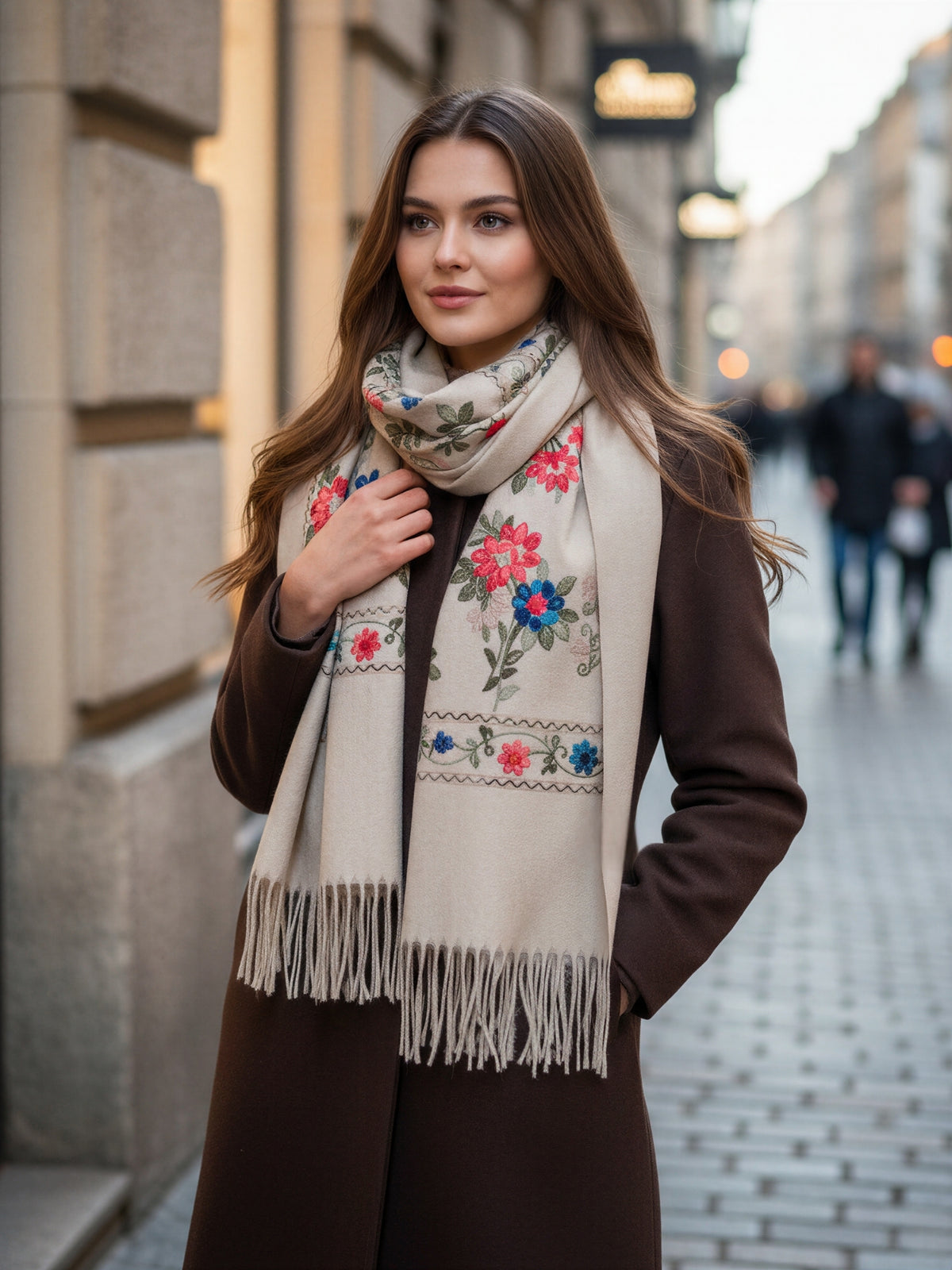 LARGE BEIGE FLORAL CASHMERE COTTON BLEND WINTER SHAWL BLANKET SCARF