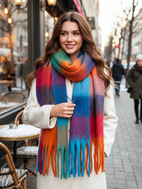 FUCHSIA TEAL CHECKED WOOL RAINBOW BLANKET SCARF OVERSIZED WINTER SHAWL WRAP