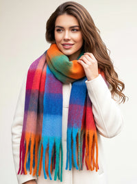 FUCHSIA TEAL CHECKED WOOL RAINBOW BLANKET SCARF OVERSIZED WINTER SHAWL WRAP