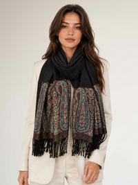 PAISLEY PRINT BLACK LIGHTWEIGHT PASHMINA SHAWL SCARF - A-SHU.CO.UK