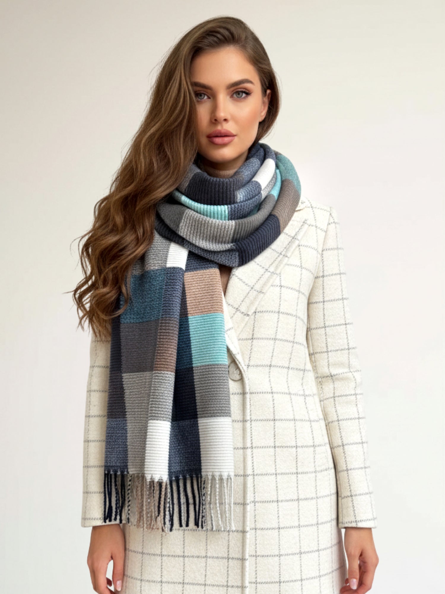 LONG BLUE CRINKLE COLOUR-BLOCK STRETCHY CHECK SCARF