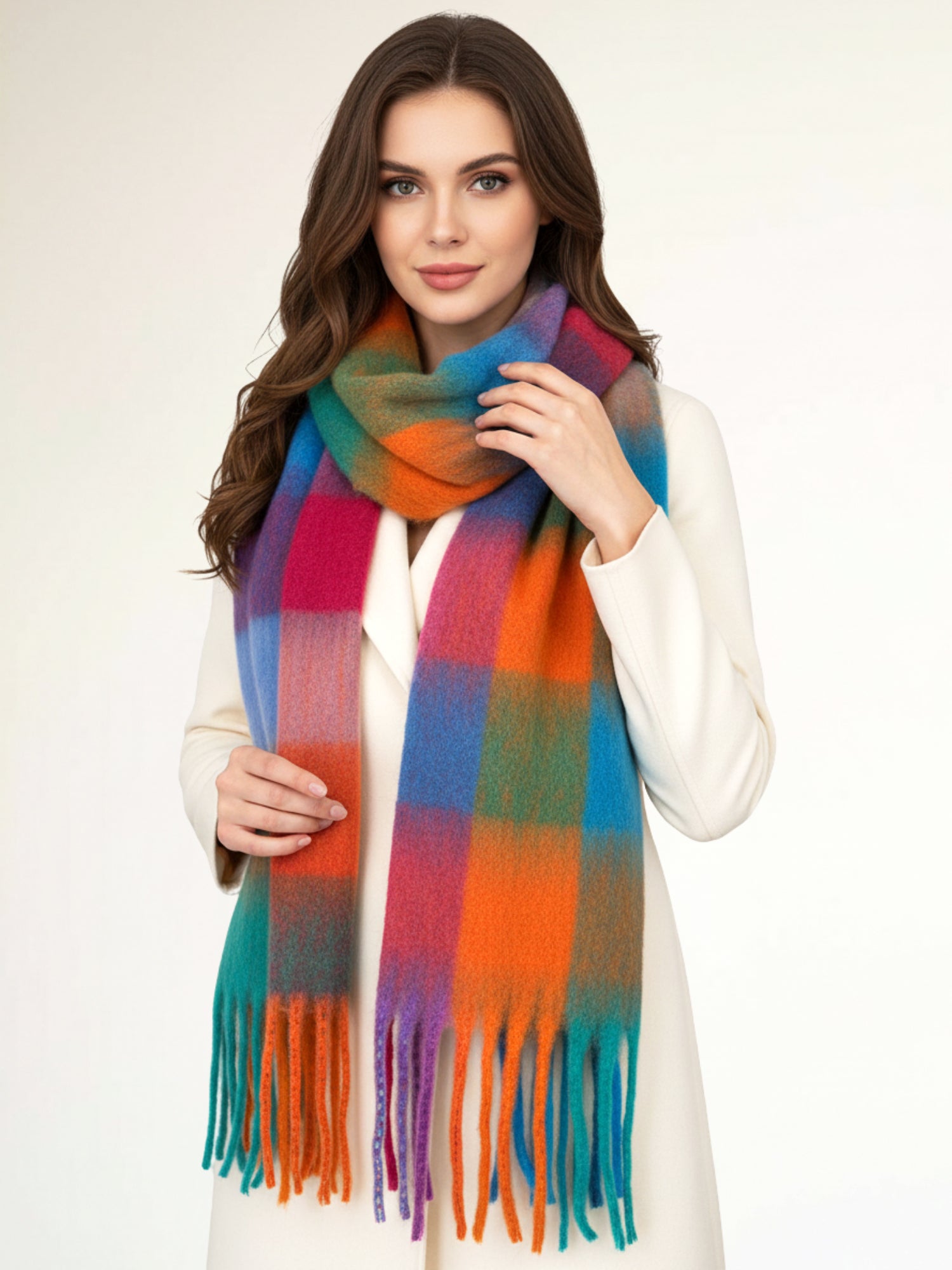 FUCHSIA TEAL CHECKED WOOL RAINBOW BLANKET SCARF OVERSIZED WINTER SHAWL WRAP