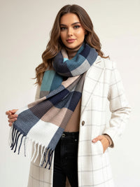 LONG BLUE CRINKLE COLOUR-BLOCK STRETCHY CHECK SCARF