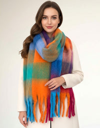 FUCHSIA TEAL CHECKED WOOL RAINBOW BLANKET SCARF OVERSIZED WINTER SHAWL WRAP