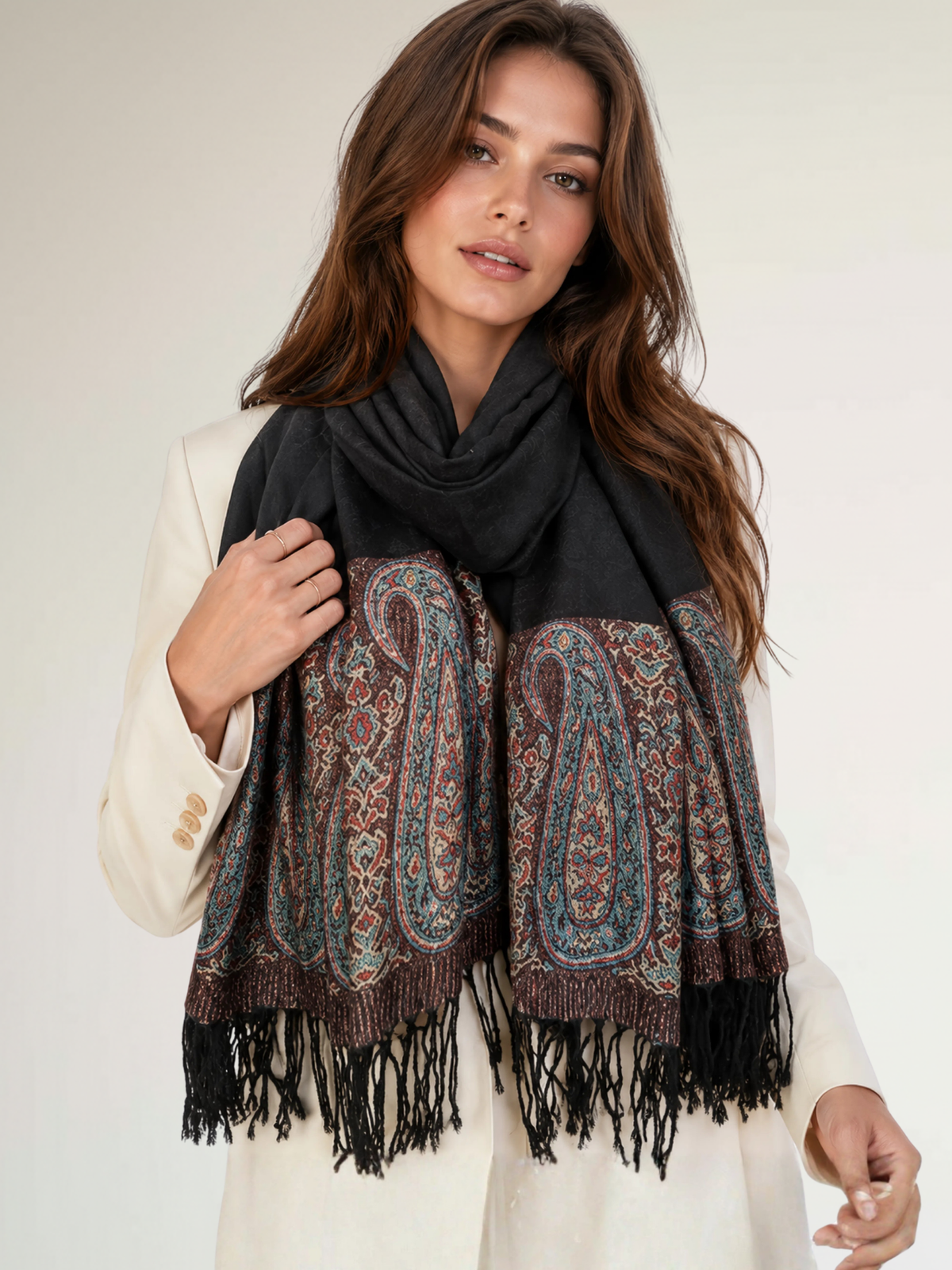 PAISLEY PRINT BLACK LIGHTWEIGHT PASHMINA SHAWL SCARF - A-SHU.CO.UK