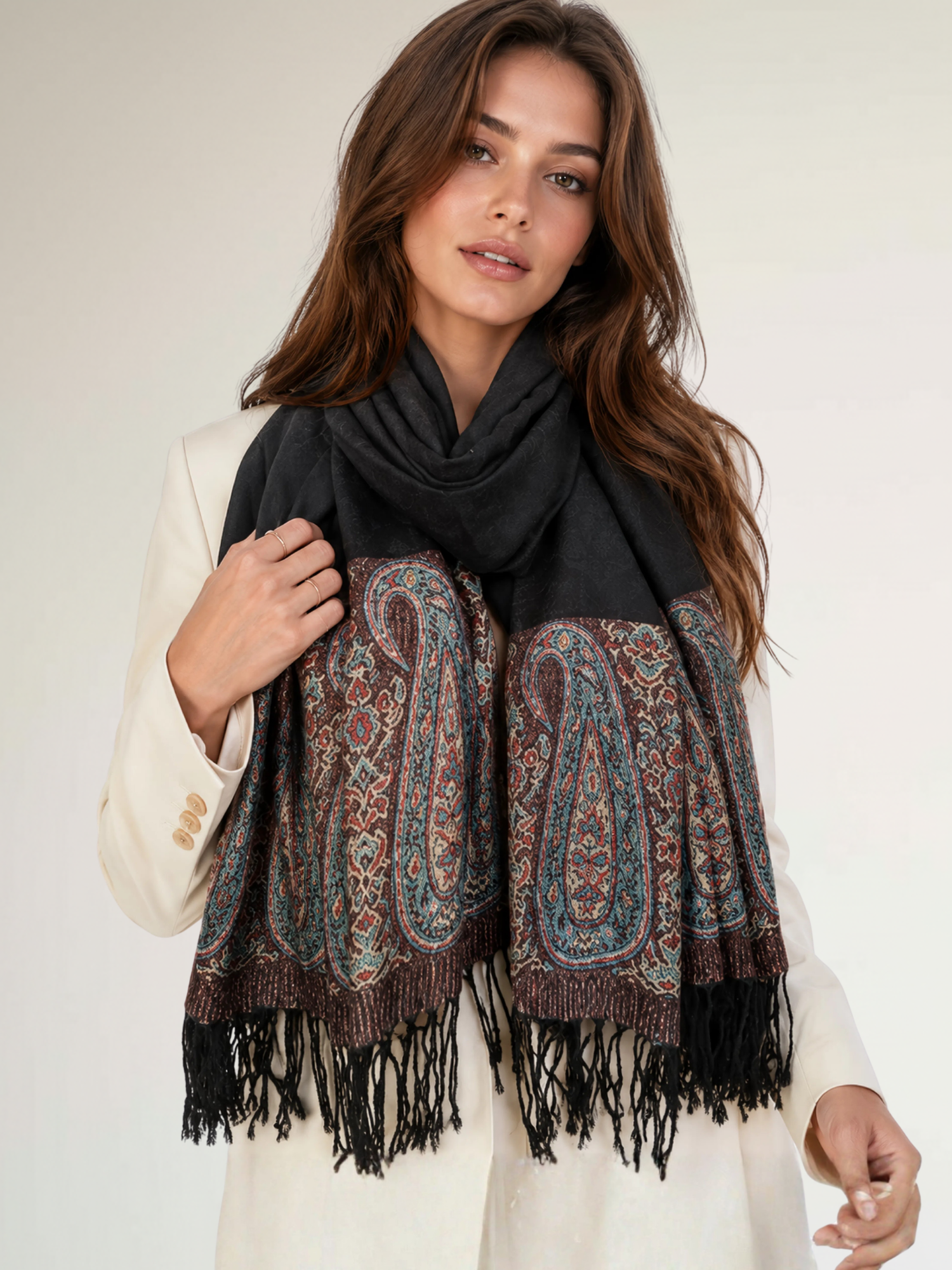 PAISLEY PRINT BLACK LIGHTWEIGHT PASHMINA SHAWL SCARF - A-SHU.CO.UK