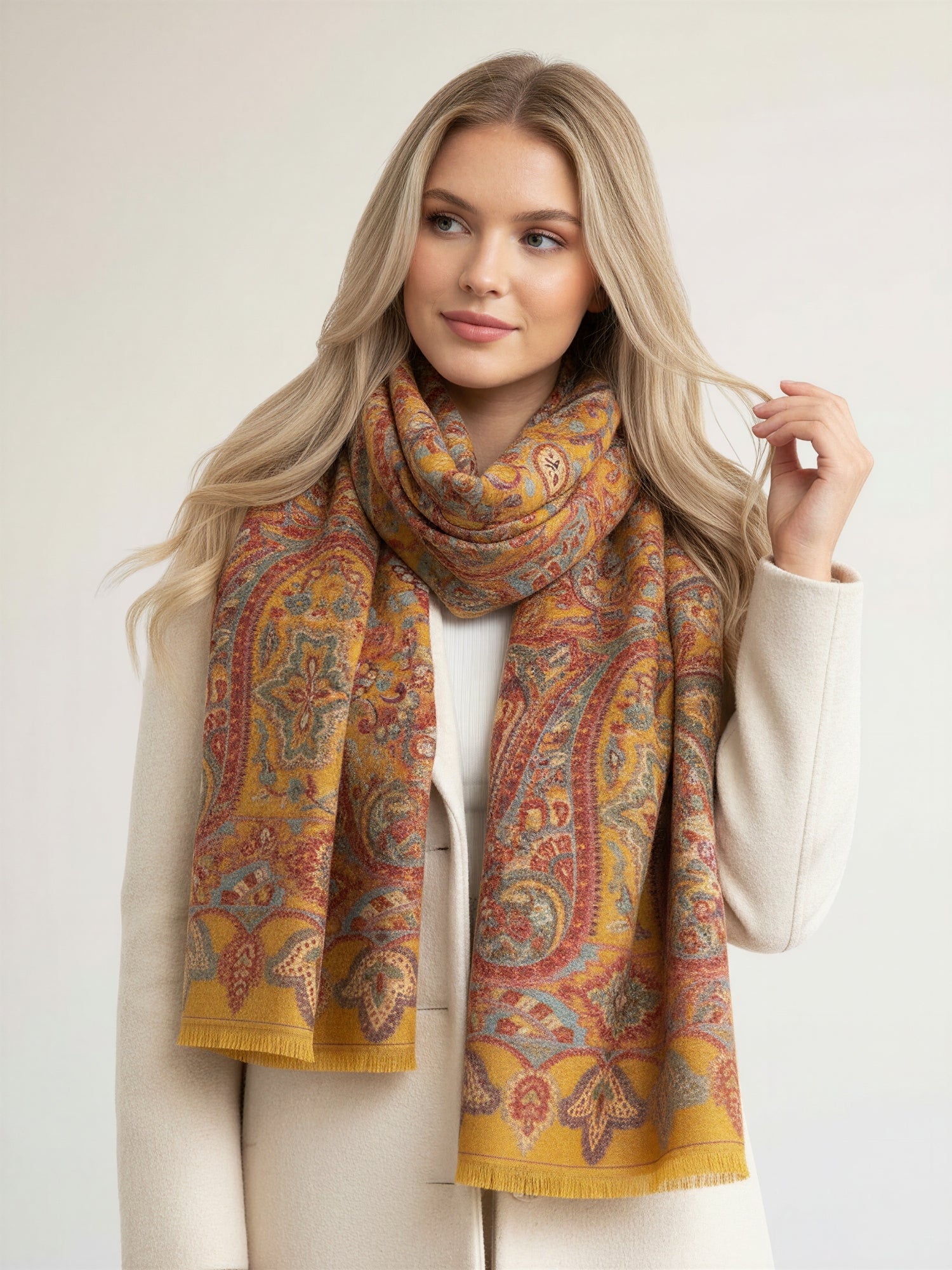 LARGE HAZED YELLOW MULTI COLOUR PAISLEY PASHMINA SHAWL SCARF WRAP