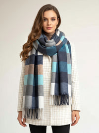 LONG BLUE CRINKLE COLOUR-BLOCK STRETCHY CHECK SCARF