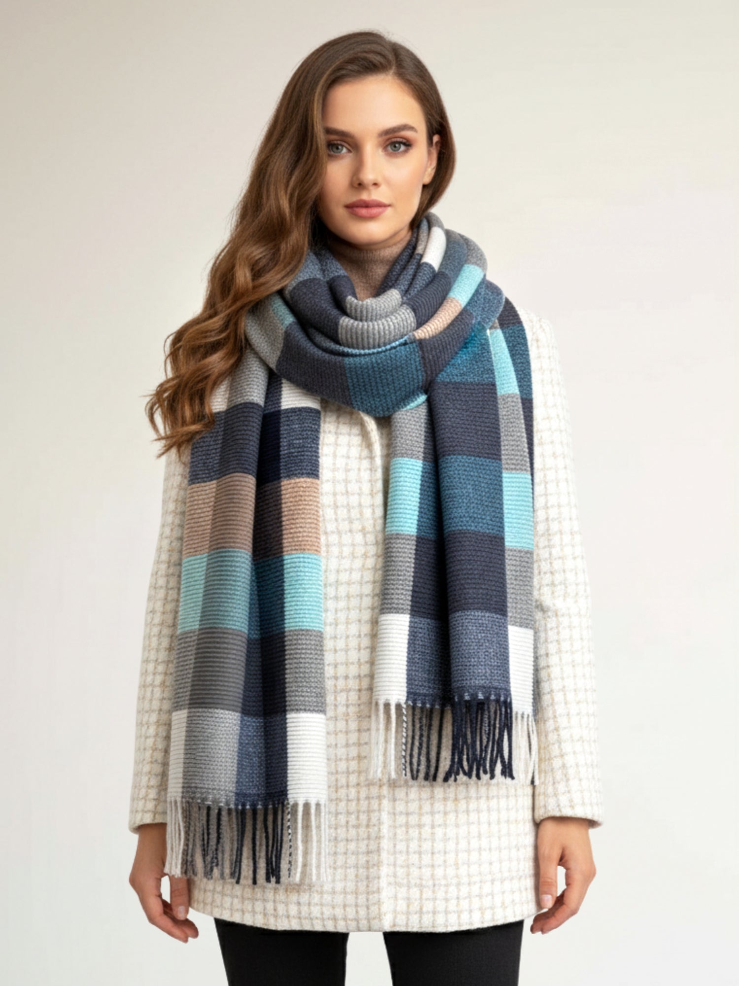 LONG BLUE CRINKLE COLOUR-BLOCK STRETCHY CHECK SCARF