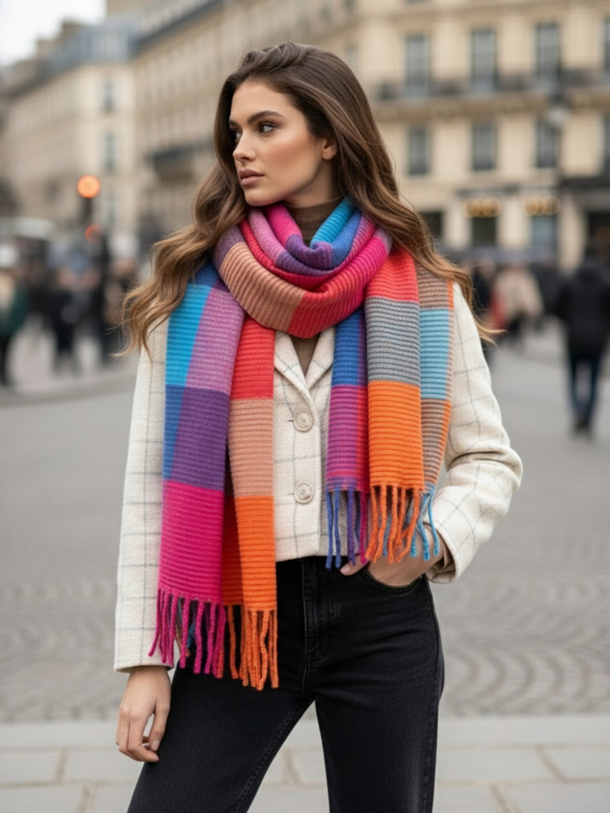 LONG MULTI CRINKLE COLOUR-BLOCK STRETCHY CHECK SCARF