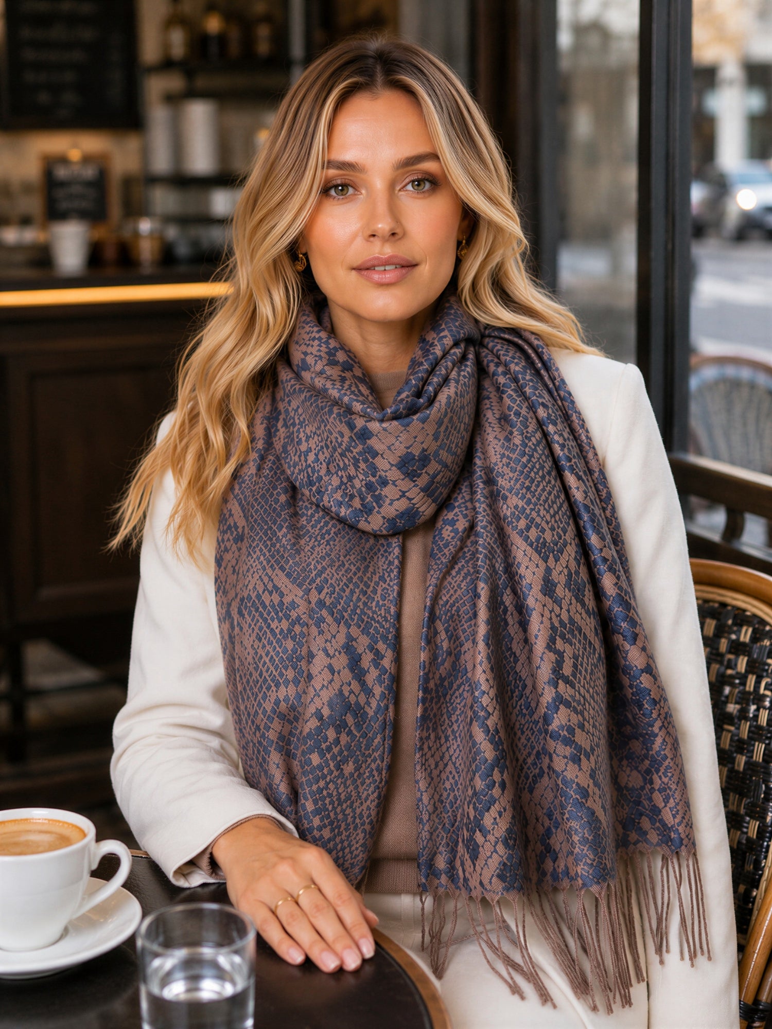 NAVY BRONZE LARGE SNAKESKIN PRINT REVERSIBLE PASHMINA SHAWL SCARF