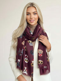 BURGUNDY COTTON BLEND DOG PRINT LIGHTWEIGHT SCARF - A-SHU.CO.UK