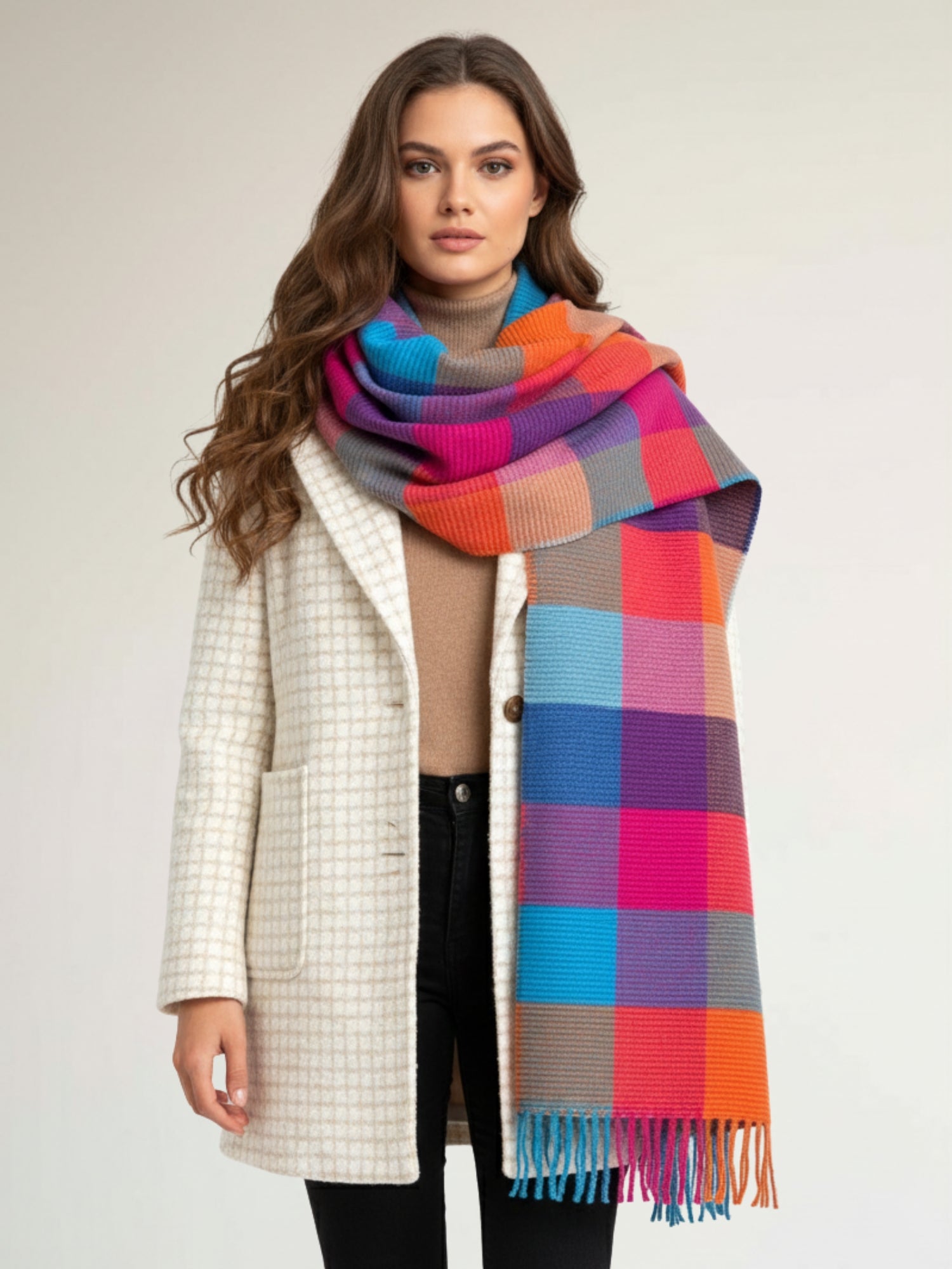 LONG MULTI CRINKLE COLOUR-BLOCK STRETCHY CHECK SCARF