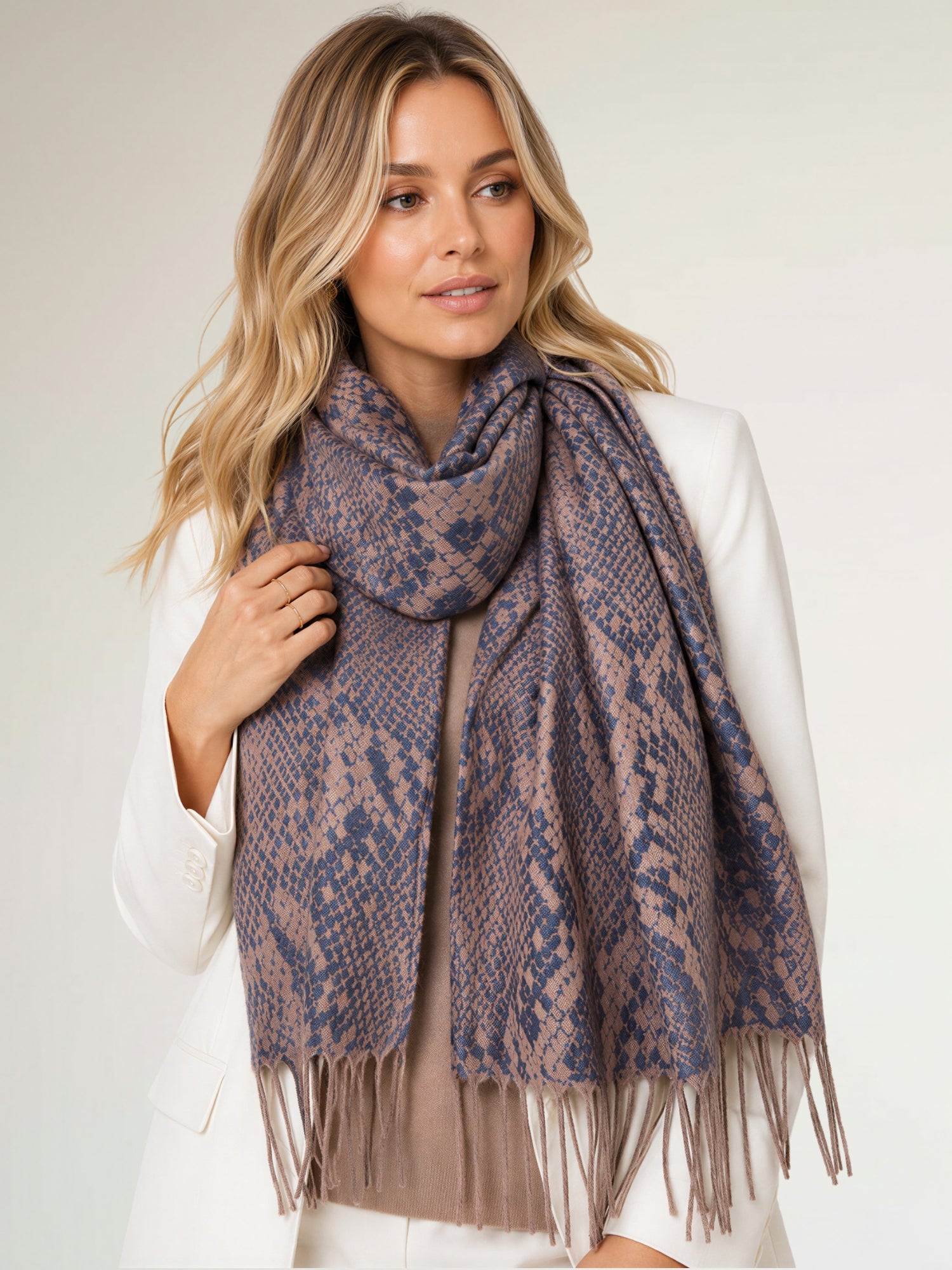 NAVY BRONZE LARGE SNAKESKIN PRINT REVERSIBLE PASHMINA SHAWL SCARF
