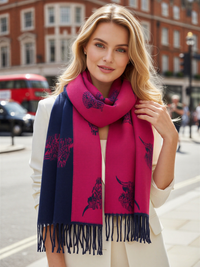 LARGE NAVY FUCHSIA HIGHLAND COW CASHMERE REVERSIBLE SHAWL SCARF