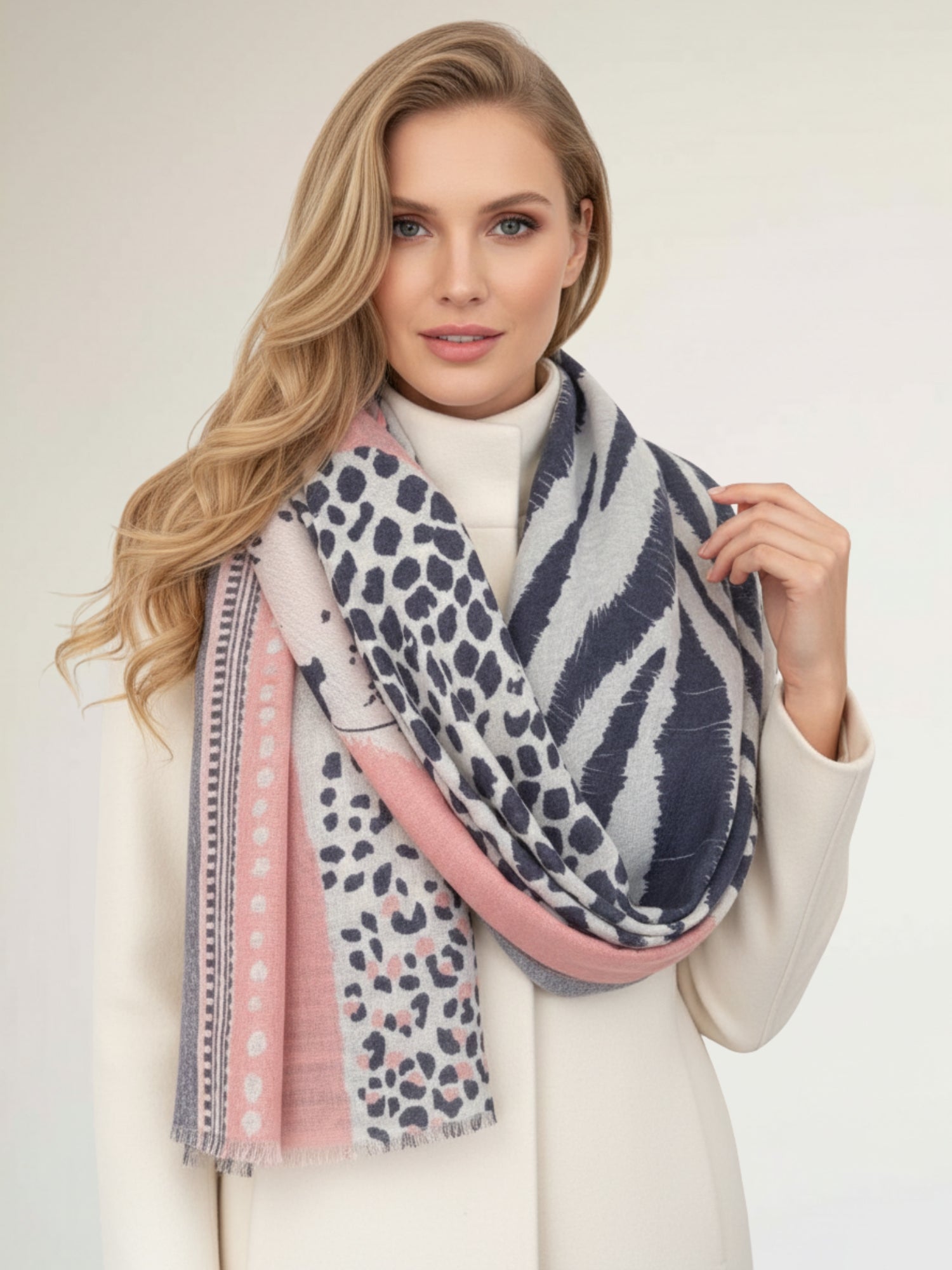 LARGE BLUSH PINK TIGER AND LEOPARD PRINT SHAWL SCARF