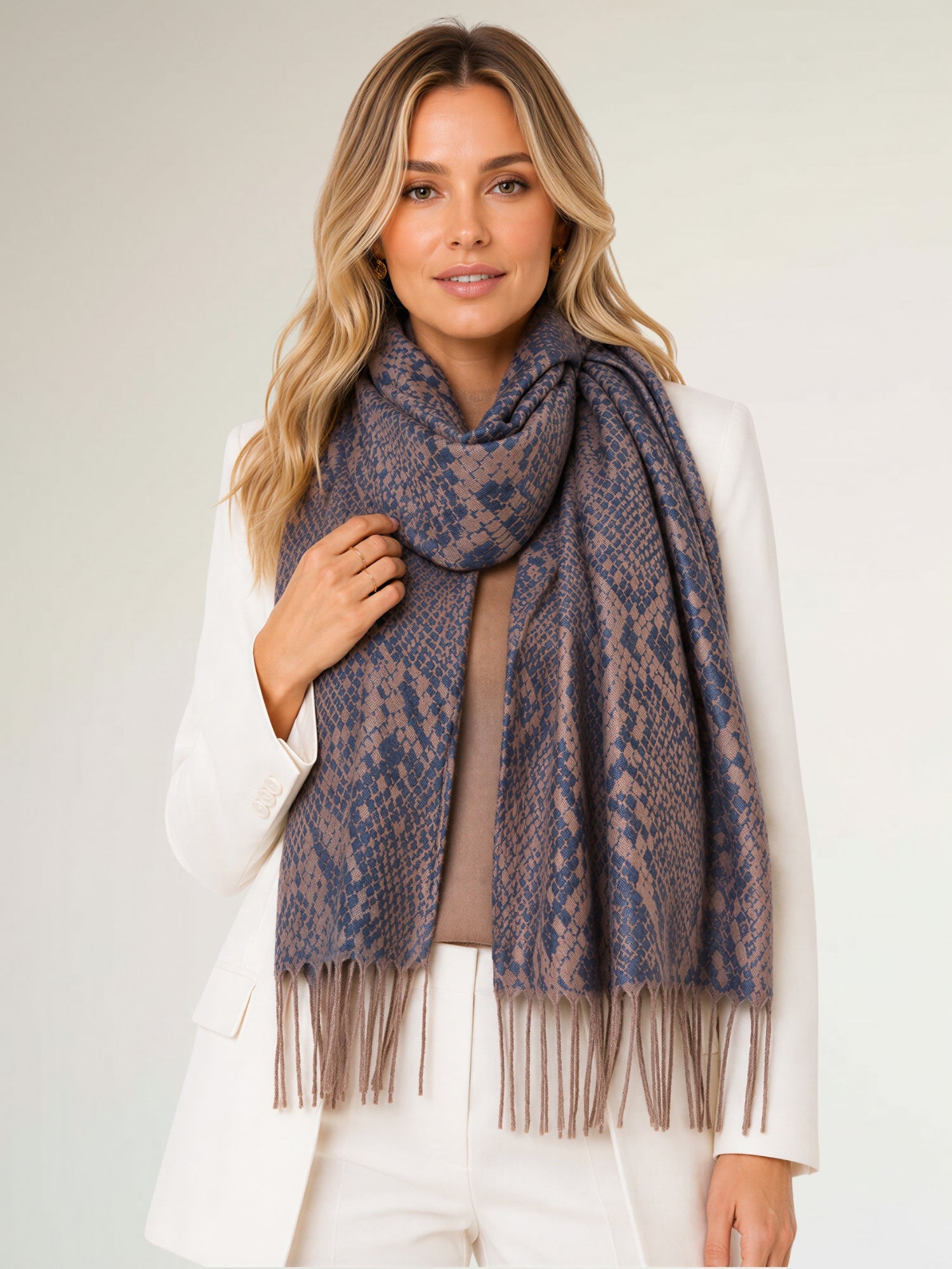 NAVY BRONZE LARGE SNAKESKIN PRINT REVERSIBLE PASHMINA SHAWL SCARF