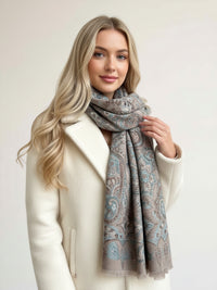 LARGE HAZED GREY MULTI COLOUR PAISLEY PASHMINA SHAWL SCARF WRAP
