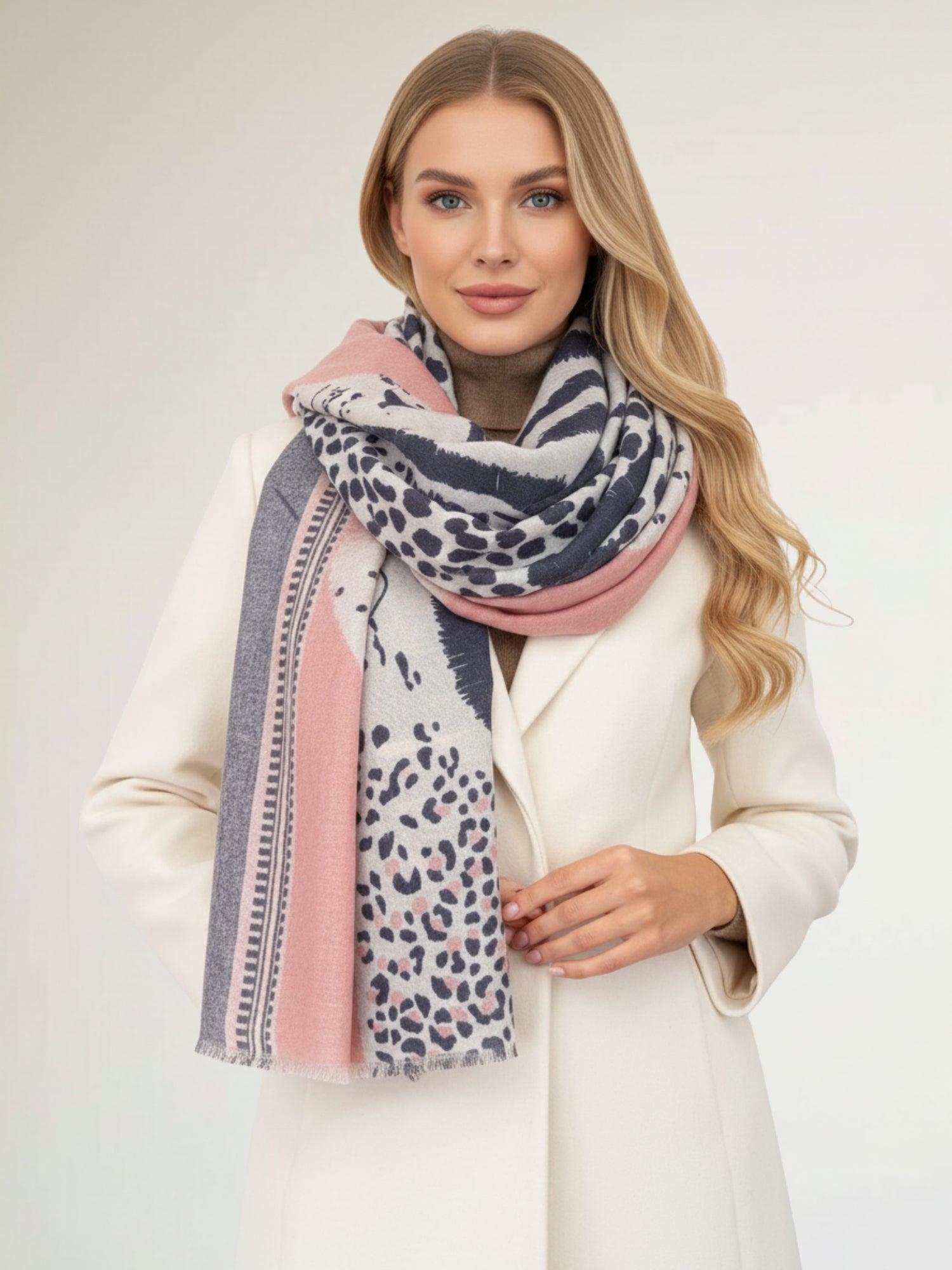 LARGE BLUSH PINK TIGER AND LEOPARD PRINT SHAWL SCARF