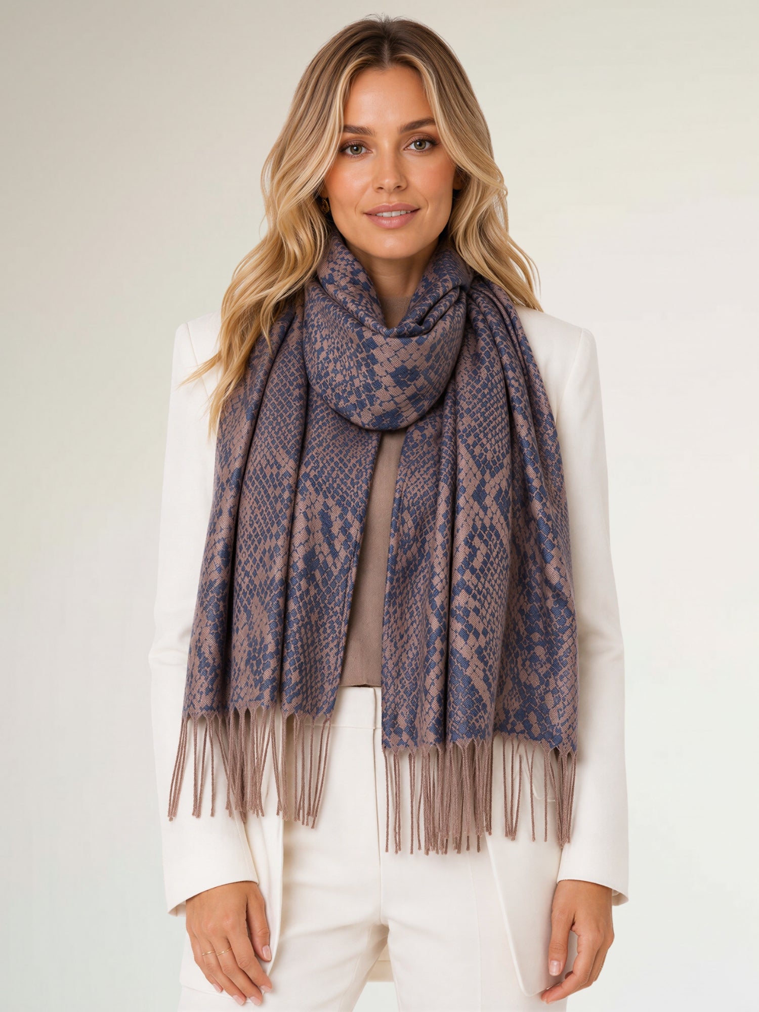 NAVY BRONZE LARGE SNAKESKIN PRINT REVERSIBLE PASHMINA SHAWL SCARF