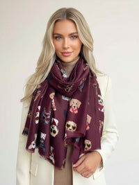 BURGUNDY COTTON BLEND DOG PRINT LIGHTWEIGHT SCARF - A-SHU.CO.UK